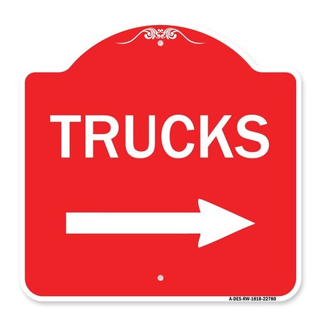 SIGNMISSION Trucks Sign Trucks W/ Right Arrow, Red & White Aluminum Architectural Sign, 18" x 18", RW-1818-22780 A-DES-RW-1818-22780